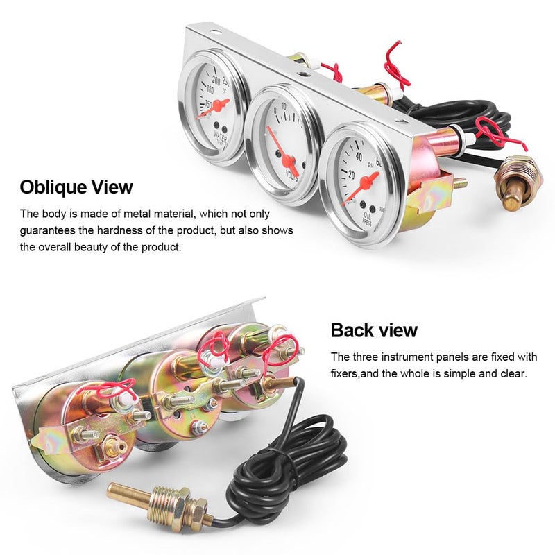 Dyno Racing 2inch 52MM Triple Gauge kit Volt Meter Water Temp Temperature Gauge Oil Press Pressure Gauge Car Meter Triple Gauge Set - Image 3